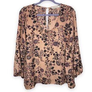 Liberty Love Size 1X Tan Floral Boho Bell Statement Sleeve Girly Flowy Blouse